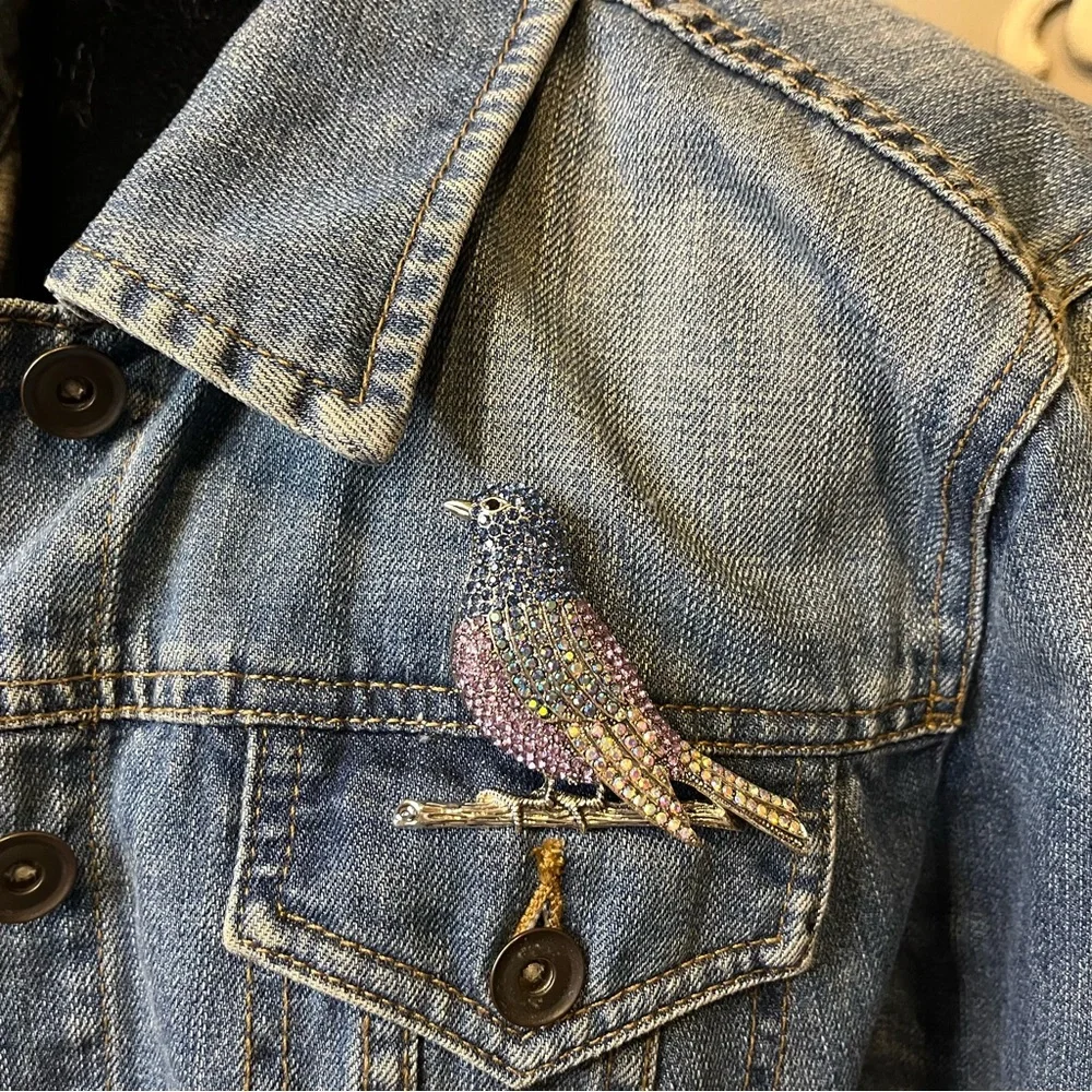 Beautiful Blue & Purple Rhinestone Bird on a Branch Brooch
